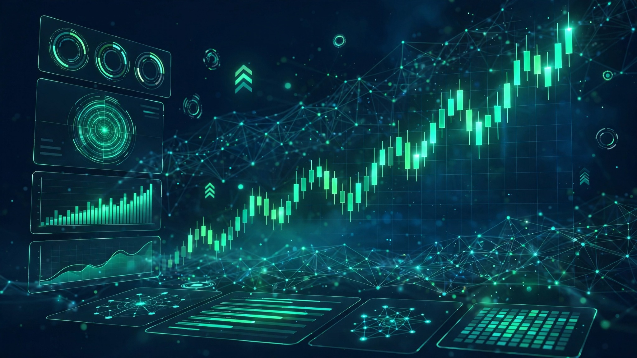 Equity Edge UK AI trading dashboard with rising green candlestick chart
